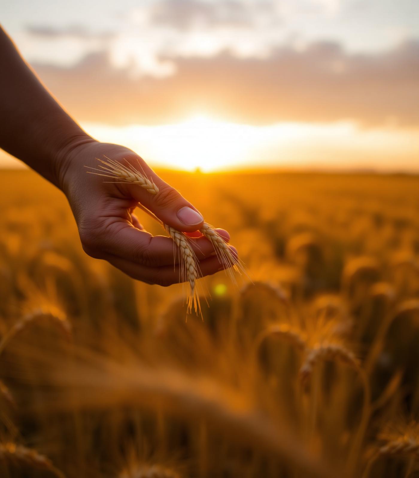 Mãos segurando trigo ao pôr do sol